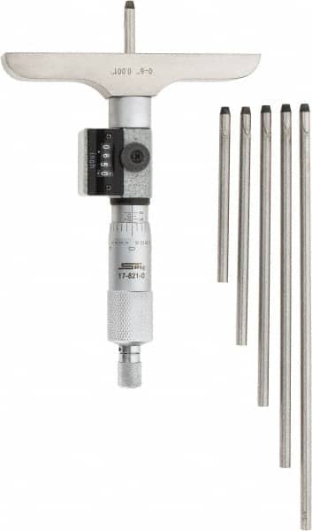 SPI - 0 to 6" Range, 6 Rod, Mechanical Depth Micrometer - Ratchet Stop Thimble, 4" Base Length, 0.001" Graduation, 4.5mm Rod Diam - Exact Tooling