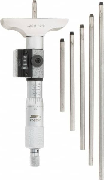 SPI - 0 to 6" Range, 6 Rod, Mechanical Depth Micrometer - Ratchet Stop Thimble, 2-1/2" Base Length, 0.001" Graduation, 4.5mm Rod Diam - Exact Tooling