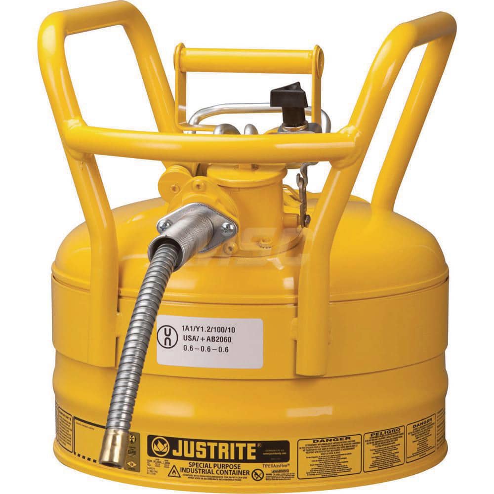 Justrite - Safety Dispensing Cans; Capacity: 2.5 Gal ; Material: Steel ; Color: Yellow ; Height (Decimal Inch): 12.700000 ; Diameter/Length (mm): 11.75 ; Approval Listing/Regulations: FM Approved; DOT; UN - Exact Tooling