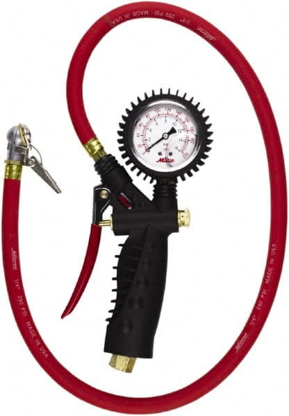 Milton - 0 to 230 psi Dial Ball Foot with Clip Tire Pressure Gauge - 36' Hose Length - Exact Tooling