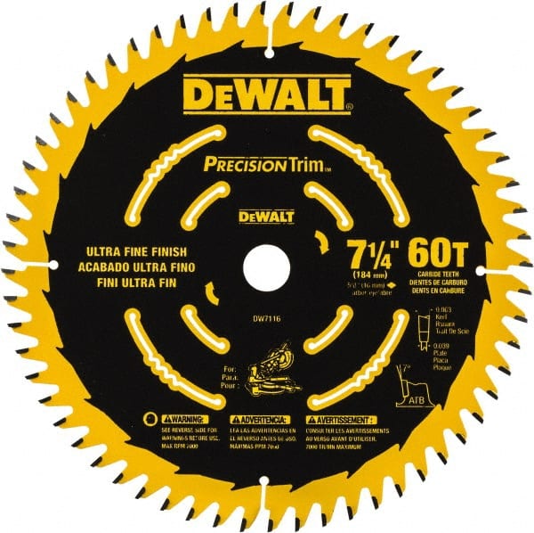 DeWALT - 7-1/4" Diam, 5/8" Arbor Hole Diam, 60 Tooth Wet & Dry Cut Saw Blade - Tungsten Carbide-Tipped, Smooth Action, Standard Round Arbor - Exact Tooling