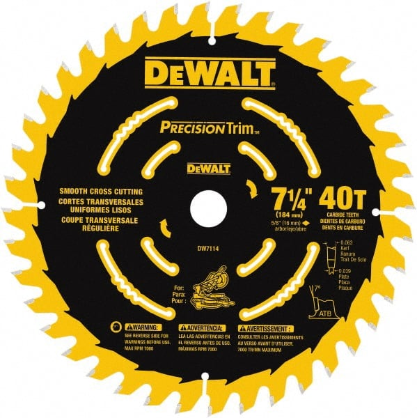 DeWALT - 7-1/4" Diam, 5/8" Arbor Hole Diam, 40 Tooth Wet & Dry Cut Saw Blade - Tungsten Carbide-Tipped, Smooth Action, Standard Round Arbor - Exact Tooling