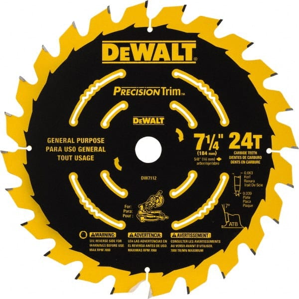DeWALT - 7-1/4" Diam, 5/8" Arbor Hole Diam, 24 Tooth Wet & Dry Cut Saw Blade - Tungsten Carbide-Tipped, Smooth Action, Standard Round Arbor - Exact Tooling
