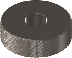 Made in USA - 5/8" Diam, 90° Tooth Angle, 25 TPI, Beveled Face, Form Type Cobalt Right-Hand Diagonal Knurl Wheel - 1/4" Face Width, 1/4" Hole, Circular Pitch, 30° Helix, Ferritic Nitrocarburizing Finish, Series GK - Exact Tooling