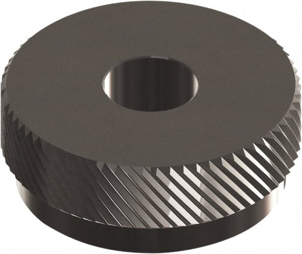 Made in USA - 1/2" Diam, 90° Tooth Angle, 30 TPI, Beveled Face, Form Type High Speed Steel Left-Hand Diagonal Knurl Wheel - 1/4" Face Width, 3/16" Hole, Circular Pitch, 30° Helix, Ferritic Nitrocarburizing Finish, Series EQ - Exact Tooling