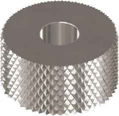 Made in USA - 1" Diam, 90° Tooth Angle, 30 TPI, Standard (Shape), Form Type High Speed Steel Male Diamond Knurl Wheel - 3/8" Face Width, 5/16" Hole, Circular Pitch, Bright Finish, Series OU - Exact Tooling