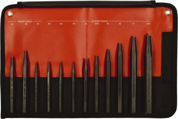 Mayhew - 12 Piece, 3/32 to 3/8", Center & Prick Punch Set - Hex Shank, Steel, Comes in Kit Bag - Exact Tooling