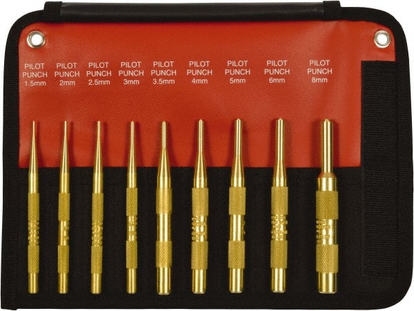 Mayhew - 9 Piece, 1.5 to 10mm, Pin Punch Set - Round Shank, Brass, Comes in Kit Bag - Exact Tooling