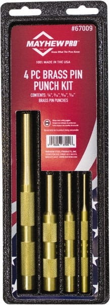 Mayhew - 4 Piece, 1/8 to 7/16", Pin Punch Set - Round Shank, Brass, Comes in Kit Bag - Exact Tooling