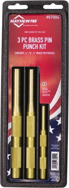 Mayhew - 3 Piece, 1/4 to 1/2", Pin Punch Set - Round Shank, Brass, Comes in Plastic Tray - Exact Tooling