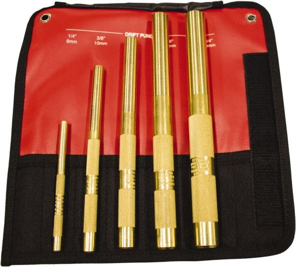 Mayhew - 5 Piece, 1/4 to 3/4", Drift Punch Set - Round Shank, Brass, Comes in Kit Bag - Exact Tooling