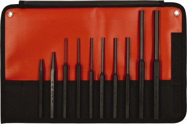 Mayhew - 10 Piece, 1/8 to 3/8", Assorted Brass Punch Kit - Hex Shank, Steel, Comes in Kit Bag - Exact Tooling
