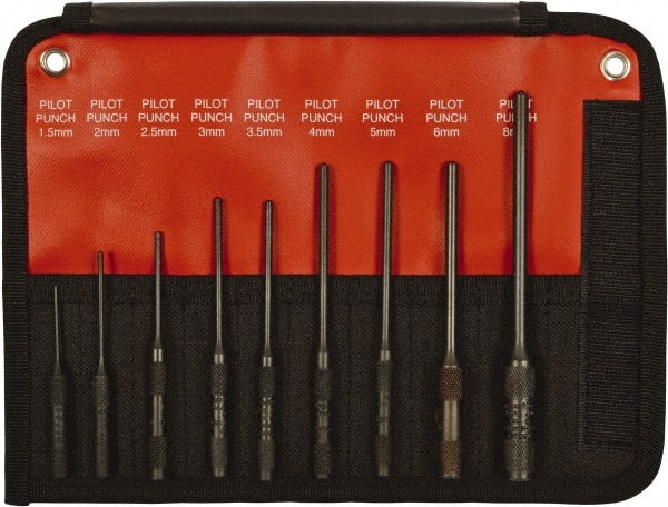 Mayhew - 9 Piece, 1.5 to 8mm, Pin & Pilot Punch Set - Hex Shank, Steel, Comes in Kit Bag - Exact Tooling