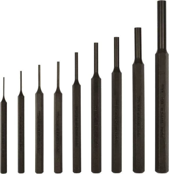 Mayhew - 9 Piece, 1.5 to 10mm, Pin Punch Set - Hex Shank, Steel, Comes in Kit Bag - Exact Tooling