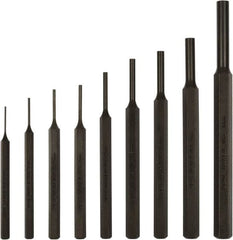 Mayhew - 9 Piece, 1.5 to 10mm, Pin Punch Set - Hex Shank, Steel, Comes in Kit Bag - Exact Tooling