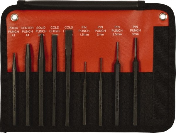 Mayhew - 9 Piece, 9/32 to 5/32", Pin Punch Set - Hex Shank, Steel, Comes in Kit Bag - Exact Tooling
