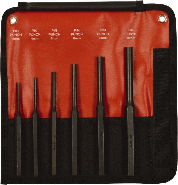 Mayhew - 6 Piece, 3 to 10mm, Pin Punch Set - Hex Shank, Steel, Comes in Kit Bag - Exact Tooling