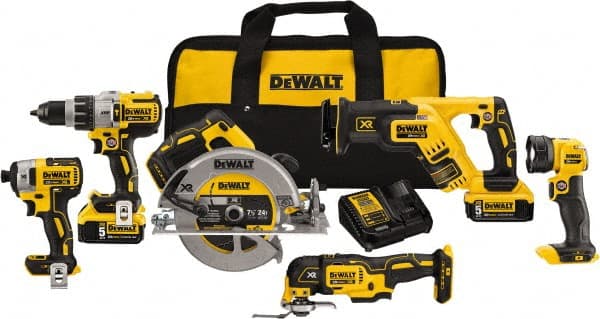 DeWALT - 20 Volt Cordless Tool Combination Kit - Includes 1/2" Brushless Hammerdrill, 1/4" Brushless Impact Driver, Brushless Reciprocating Saw, 7-1/2" Brushless Circular Saw, Oscillating Tool & LED Worklight, Lithium-Ion Battery Included - Exact Tooling