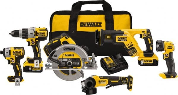 DeWALT - 20 Volt Cordless Tool Combination Kit - Includes 1/2" Brushless Hammerdrill, 1/4" Brushless Impact Driver, Brushless Reciprocating Saw, 7-1/2" Brushless Circular Saw, Cut-Off Tool/Grinder & LED Worklight, Lithium-Ion Battery Included - Exact Tooling