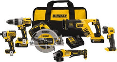 DeWALT - 20 Volt Cordless Tool Combination Kit - Includes 1/2" Brushless Hammerdrill, 1/4" Brushless Impact Driver, Brushless Reciprocating Saw, 7-1/2" Brushless Circular Saw, Cut-Off Tool/Grinder & LED Worklight, Lithium-Ion Battery Included - Exact Tooling