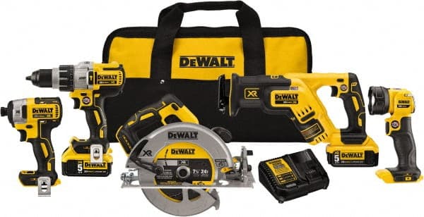DeWALT - 20 Volt Cordless Tool Combination Kit - Includes 1/2" Brushless Hammerdrill, 1/4" Brushless Impact Driver, Brushless Reciprocating Saw, 7-1/2" Brushless Circular Saw & LED Worklight, Lithium-Ion Battery Included - Exact Tooling