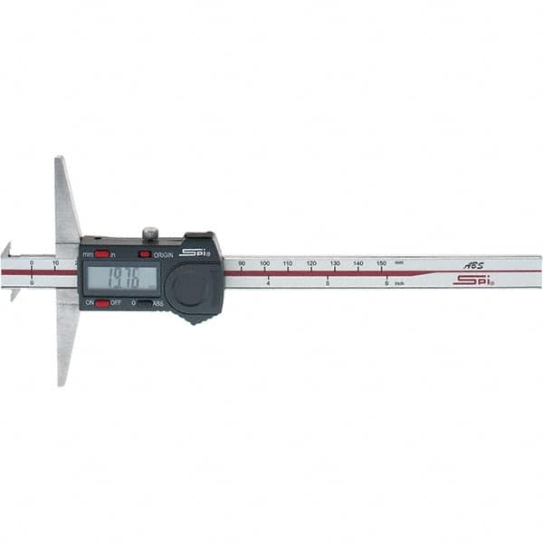 SPI - 0" to 150mm Stainless Steel Electronic Depth Gage - 0.02mm Accuracy, 0.01mm Resolution, 100mm Base Length, Hook Included - Exact Tooling