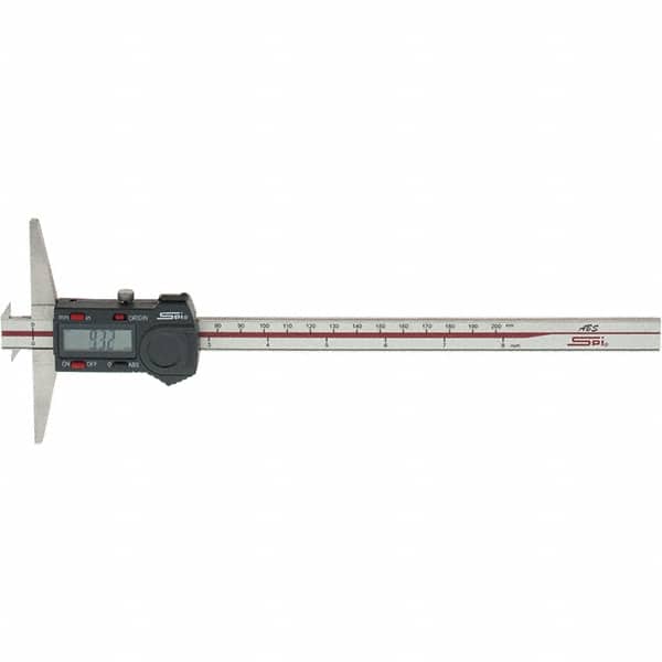 SPI - 0" to 200mm Stainless Steel Electronic Depth Gage - 0.03mm Accuracy, 0.01mm Resolution, 100mm Base Length, Hook Included - Exact Tooling