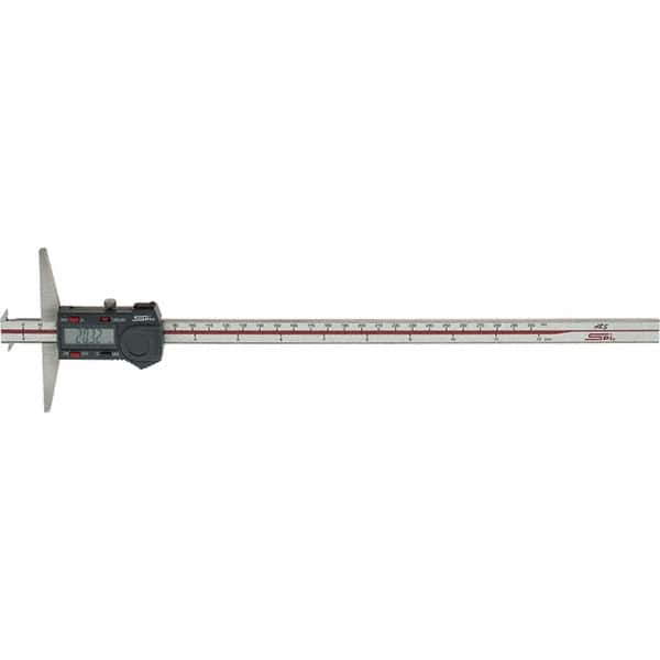 SPI - 0" to 300mm Stainless Steel Electronic Depth Gage - 0.04mm Accuracy, 0.01mm Resolution, 100mm Base Length, Hook Included - Exact Tooling