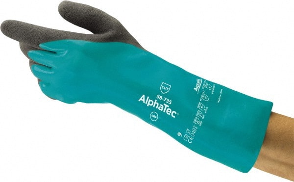 Ansell - Size L (9), 14" Long, 39 mil Thick, Supported, Nitrile Chemical Resistant Gloves - Textured Finish, HPPE Lined, Gauntlet Cuff, ANSI Abrasion Level 6, ANSI Cut Level A3, ANSI Puncture Level 3, Green - Exact Tooling