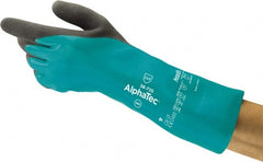 Ansell - Size S (7), 14" Long, 39 mil Thick, Supported, Nitrile Chemical Resistant Gloves - Textured Finish, HPPE Lined, Gauntlet Cuff, ANSI Abrasion Level 6, ANSI Cut Level A3, ANSI Puncture Level 3, Green - Exact Tooling
