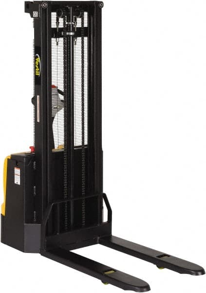 Vestil - 2,200 Lb Capacity, 118" Lift Height, Battery Powered Stacker - 3-3/8" Lowered Height, 42" Fork Length, 30" Overall Width - Exact Tooling