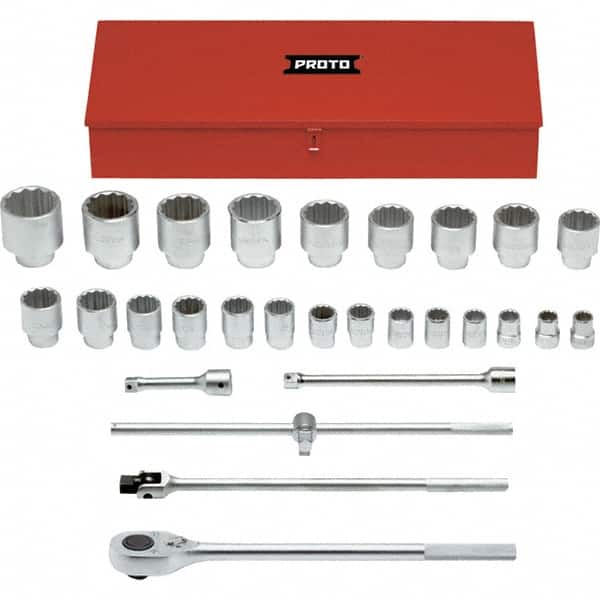 Proto - 29 Piece 1" Drive Chrome Finish Socket Set - 12 Points, 1-1/16" to 3-1/2" Range, Inch Measurement Standard - Exact Tooling