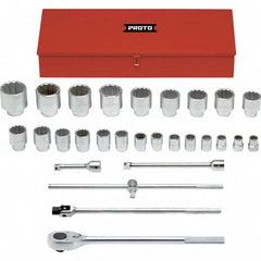 Proto - 29 Piece 1" Drive Chrome Finish Socket Set - 12 Points, 1-1/16" to 3-1/2" Range, Inch Measurement Standard - Exact Tooling