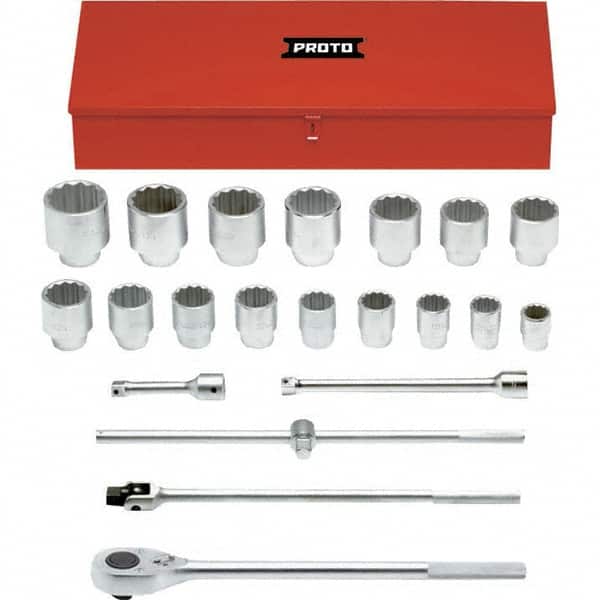 Proto - 22 Piece 1" Drive Chrome Finish Socket Set - 12 Points, 1-1/2" to 3-1/2" Range, Inch Measurement Standard - Exact Tooling