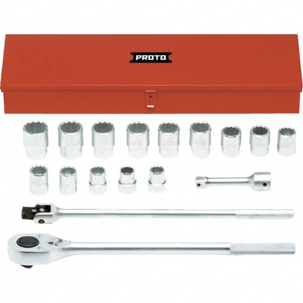 Proto - 17 Piece 1" Drive Chrome Finish Socket Set - 12 Points, 1-1/16" to 2" Range, Inch Measurement Standard - Exact Tooling