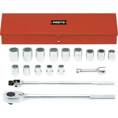Proto - 17 Piece 1" Drive Chrome Finish Socket Set - 12 Points, 1-1/16" to 2" Range, Inch Measurement Standard - Exact Tooling