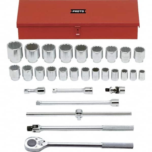 Proto - 29 Piece 3/4" Drive Chrome Finish Socket Set - 12 Points, 7/8" to 2-3/8" Range, Inch Measurement Standard - Exact Tooling