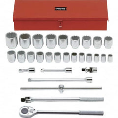 Proto - 29 Piece 3/4" Drive Chrome Finish Socket Set - 12 Points, 7/8" to 2-3/8" Range, Inch Measurement Standard - Exact Tooling