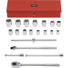 Proto - 20 Piece 3/4" Drive Chrome Finish Socket Set - 12 Points, 7/8" to 2" Range, Inch Measurement Standard - Exact Tooling