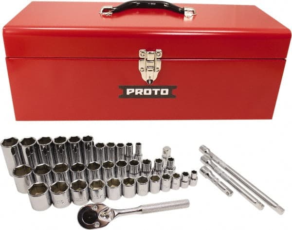 Proto - 39 Piece 3/8" & 1/2" Drive Chrome Finish Deep Well Socket Set - 6 Points, 5/16" to 1" Range, Inch Measurement Standard - Exact Tooling