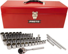 Proto - 39 Piece 3/8" & 1/2" Drive Chrome Finish Deep Well Socket Set - 6 Points, 5/16" to 1" Range, Inch Measurement Standard - Exact Tooling