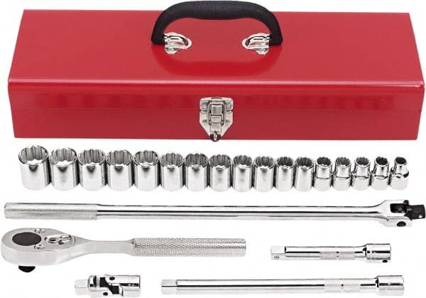 Proto - 22 Piece 1/2" Drive Chrome Finish Socket Set - 12 Points, 10mm to 26mm Range, Metric Measurement Standard - Exact Tooling