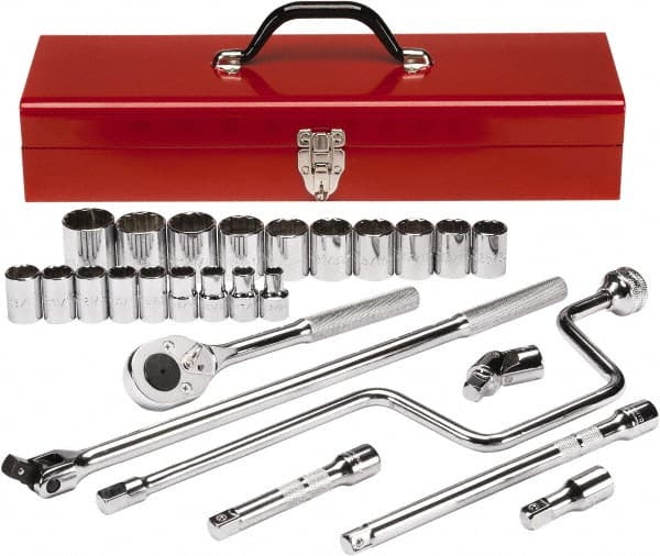 Proto - 26 Piece 1/2" Drive Chrome Finish Socket Set - 12 Points, 3/8" to 1-1/2" Range, Inch Measurement Standard - Exact Tooling
