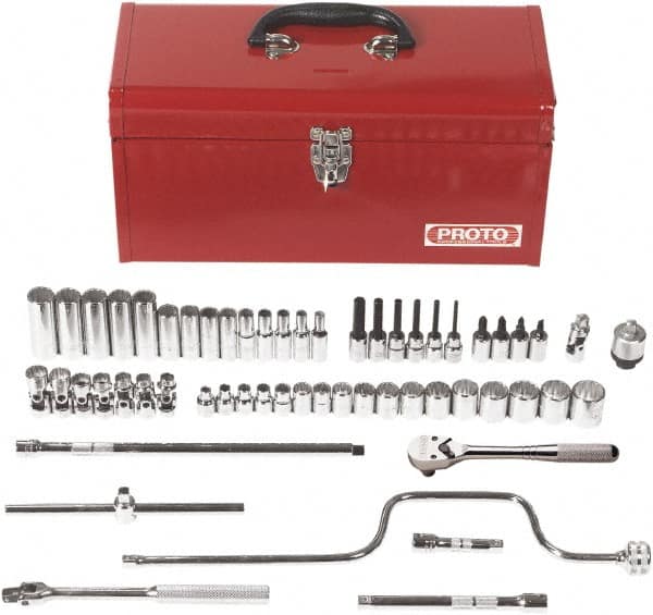 Proto - 57 Piece 3/8" Drive Chrome Finish Deep Well Socket Set - 12 Points, 6mm to 22mm Range, Metric Measurement Standard - Exact Tooling