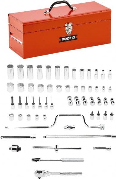 Proto - 58 Piece 3/8" Drive Chrome Finish Deep Well Socket Set - 8, 12 Points, 1/4" to 1" Range, Inch Measurement Standard - Exact Tooling