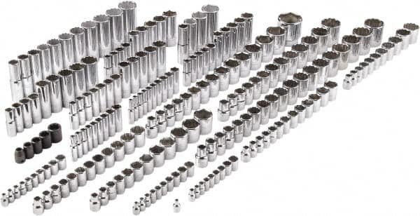 Proto - 205 Piece 1/4", 3/8" & 1/2" Drive Chrome Finish Deep Well Impact Socket Set - 6, 8, 12 Points, 5/32" to 1-1/4" (4mm to 32mm) Range, Inch/Metric Measurement Standard - Exact Tooling