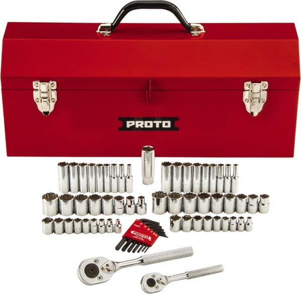 Proto - 63 Piece 1/4" & 3/8" Drive Chrome Finish Deep Well Socket Set - 6, 12 Points, 1/8" to 3/4" (5mm to 18mm) Range, Inch/Metric Measurement Standard - Exact Tooling