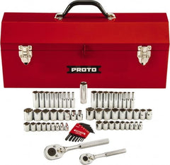 Proto - 63 Piece 1/4" & 3/8" Drive Chrome Finish Deep Well Socket Set - 6, 12 Points, 1/8" to 3/4" (5mm to 18mm) Range, Inch/Metric Measurement Standard - Exact Tooling