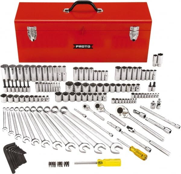 Proto - 148 Piece 1/4, 3/8 & 1/2" Drive Standard Deep Socket Set - 6 & 12 Points, 5/32 to 1-1/8", Inch Measurement Standard - Exact Tooling