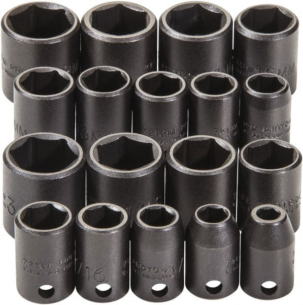 Proto - 18 Piece 3/8" Drive Black Finish Impact Socket Set - 6 Points, 1/4" to 3/4" (10mm to 19mm) Range, Inch/Metric Measurement Standard - Exact Tooling